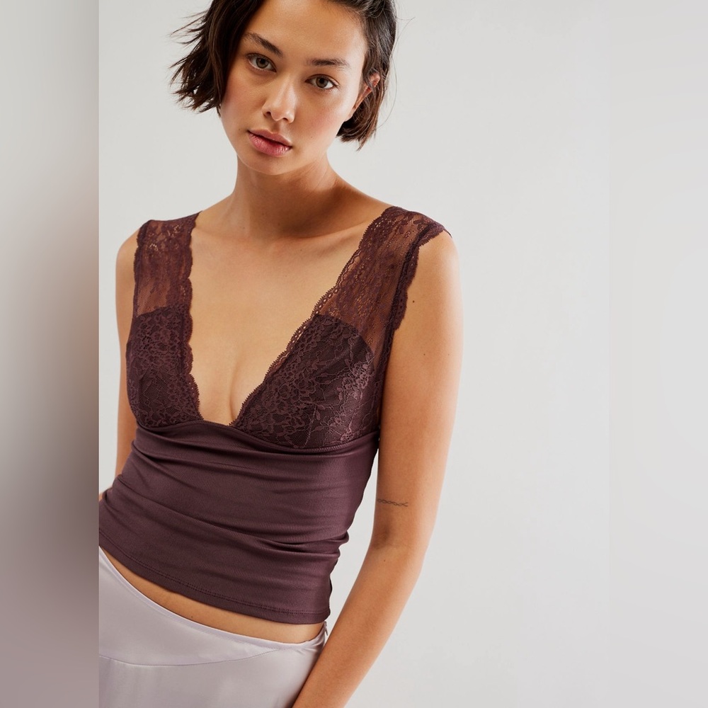 Free People Lace-Trim Tank Top in Deep Plum